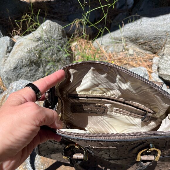 London Fog Brown Ostrich Embossed‎ Satchel Handbag With Shoulder Strap - Picture 3 of 3